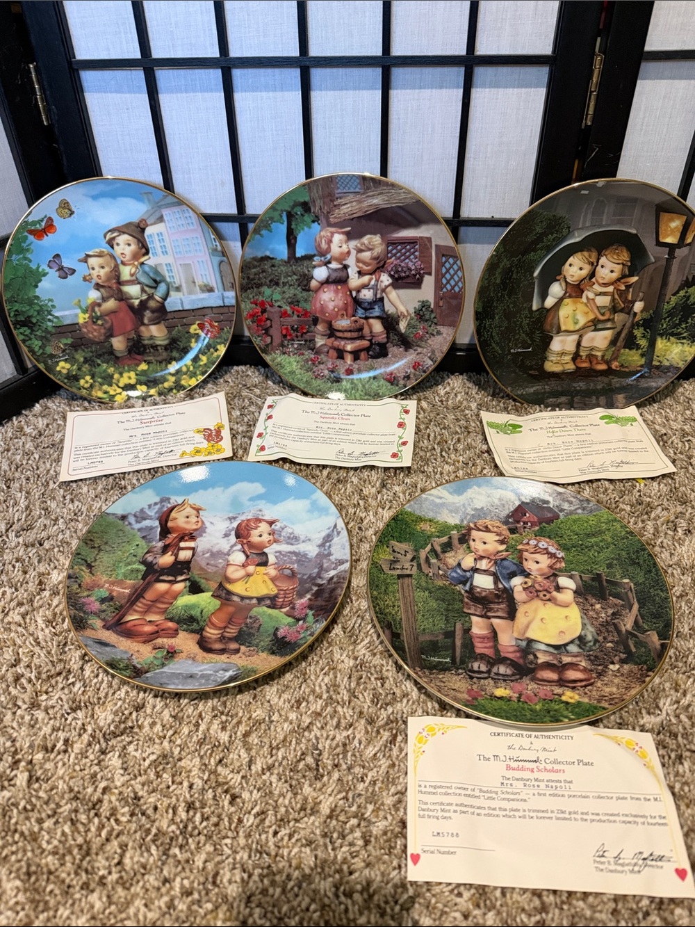 M.J. Hummel Decorative Collector Plates 5 Certificates 1st Edition NEW Danbury